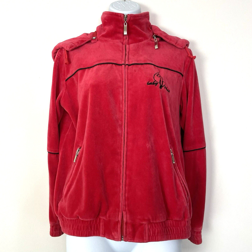 Baby Phat Vintage y2K Red Velour Zip Up Track Jacket Hoodie Embroider Logo Large